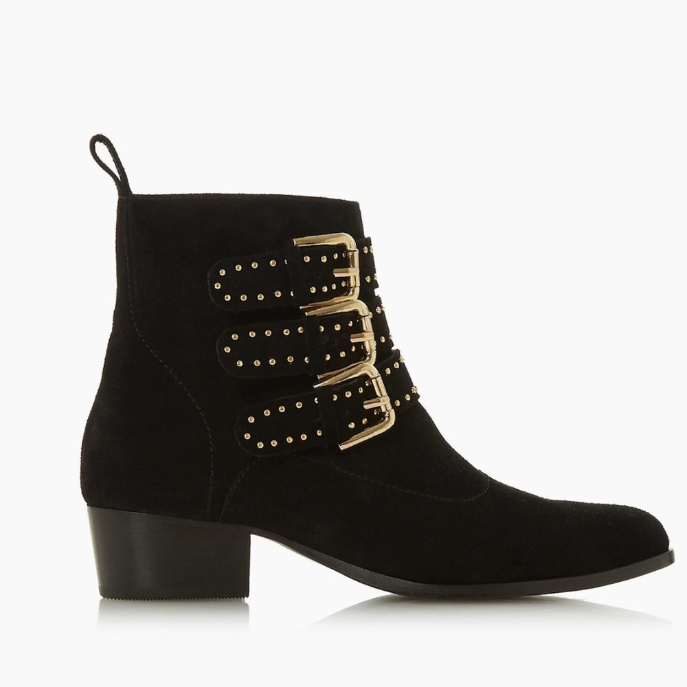 Black Studded Suede Ankle Booties with Gold Accents